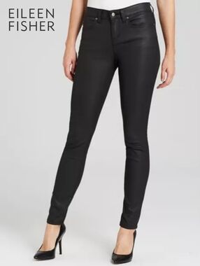 Sz 6 Eileen Fisher Black Coated Waxed Organic Cotton Denim Skinny Jeans Pants